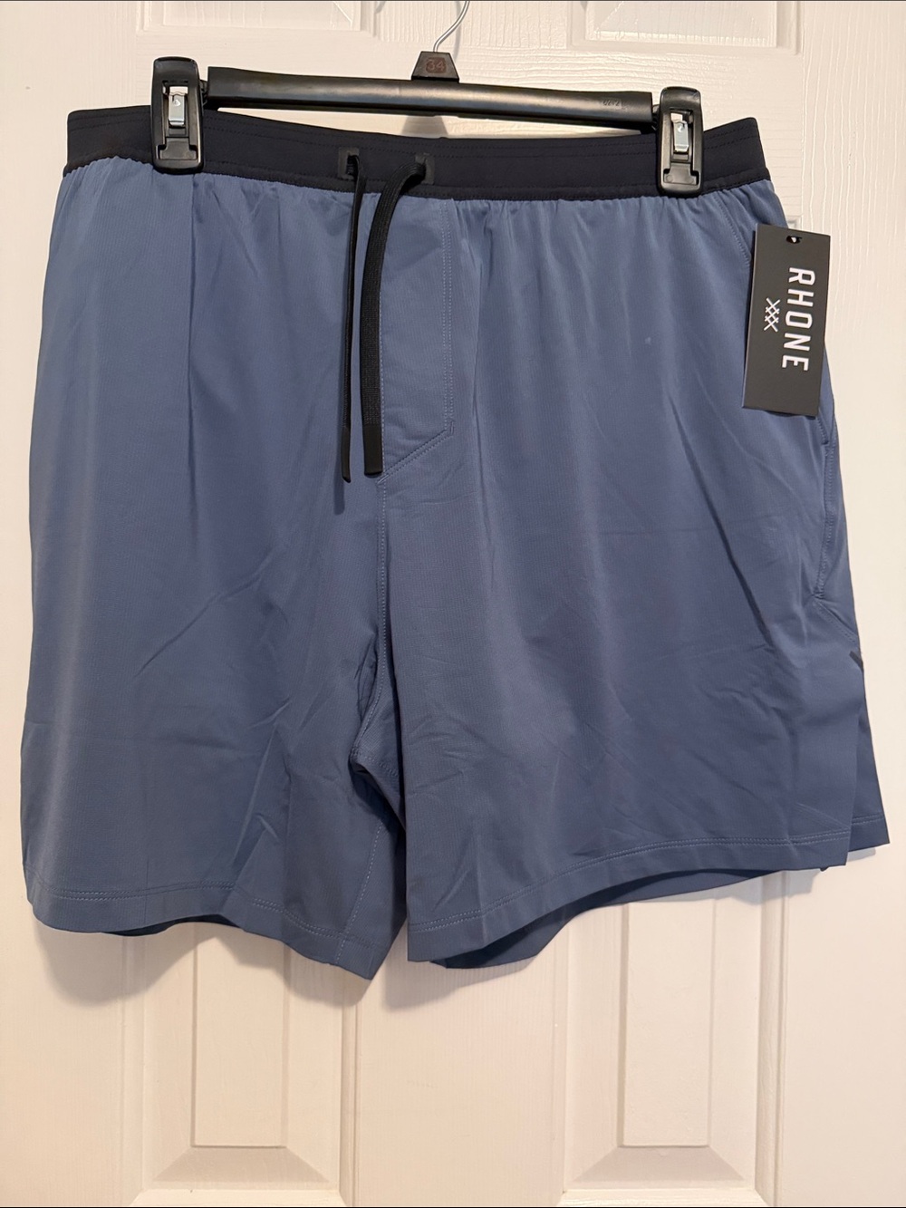 RHONE Men's Slate Blue Workout Shorts with Black Waistband